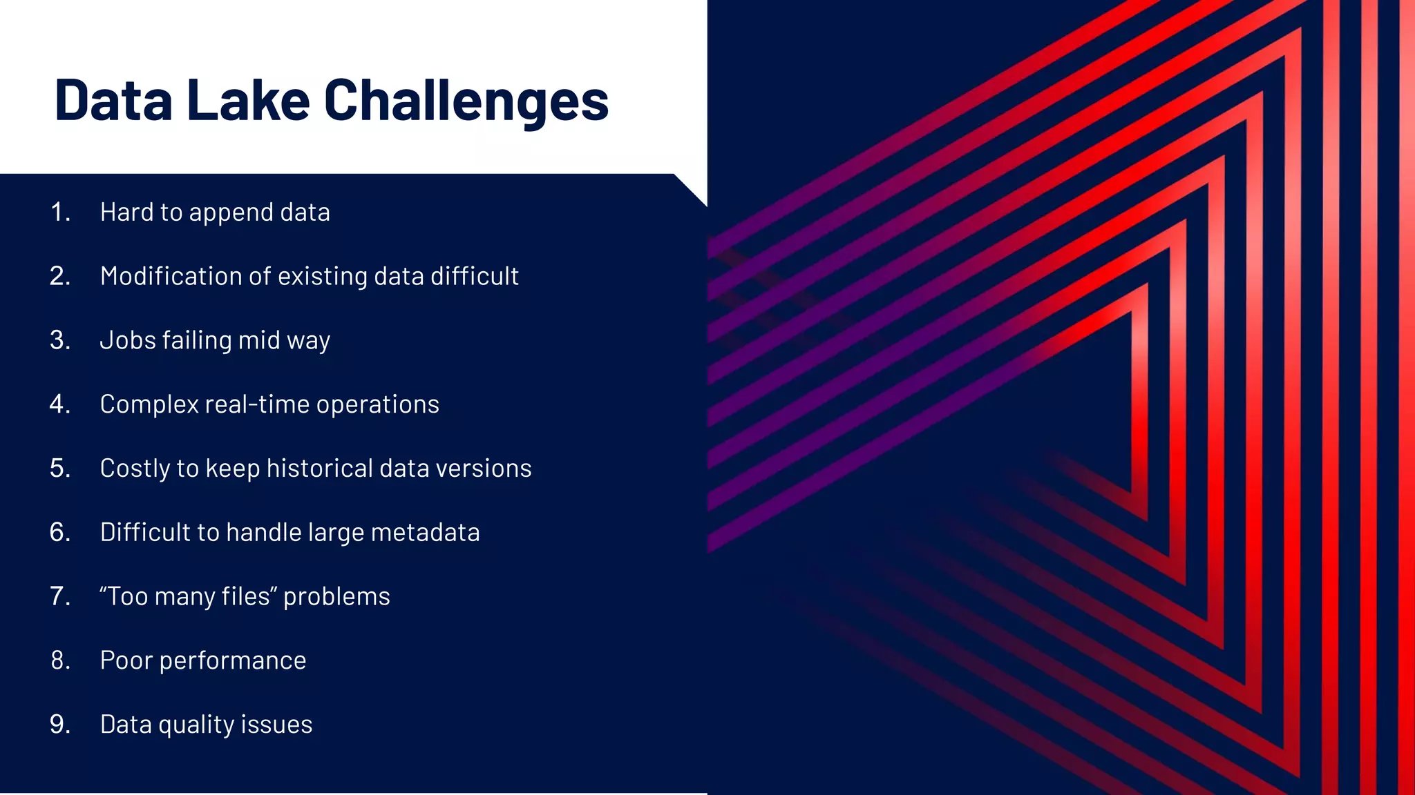 1. Hard to append data
2. Modiﬁcation of existing data difficult
3. Jobs failing mid way
4. Complex real-time operations
5. Costly to keep historical data versions
6. Difficult to handle large metadata
7. “Too many ﬁles” problems
8. Poor performance
9. Data quality issues
Data Lake Challenges
 