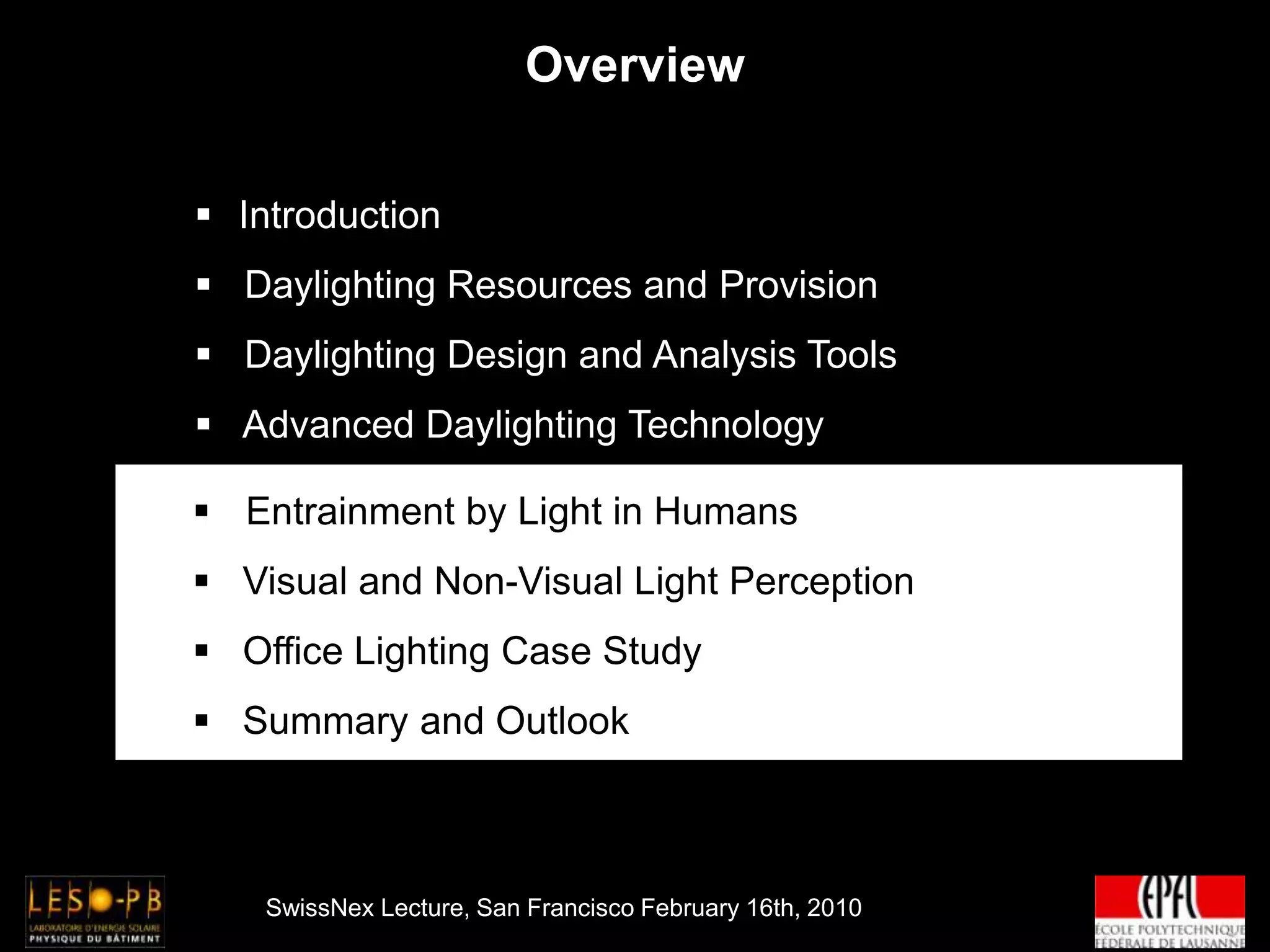 ADVANCED DAYLIGHTING TECHNOLOGYComplex Fenestration Systems (IEA SHC Task 21 & 41)Labelling & Optical FeaturesAerogels and Capillaries(Scattering and Diffusion)LightshelvesReflective Lamellae(Specular Reflection)Laser Cut PanelSun Directing Glass(Total Internal Reflection)Prismatic Panel and Film(Refraction)Holographic Optical Element(Diffraction)Anidolic Daylighting Systems(Non-Imaging Optics)AerogelLightshelfHOELaser Cut Panel
