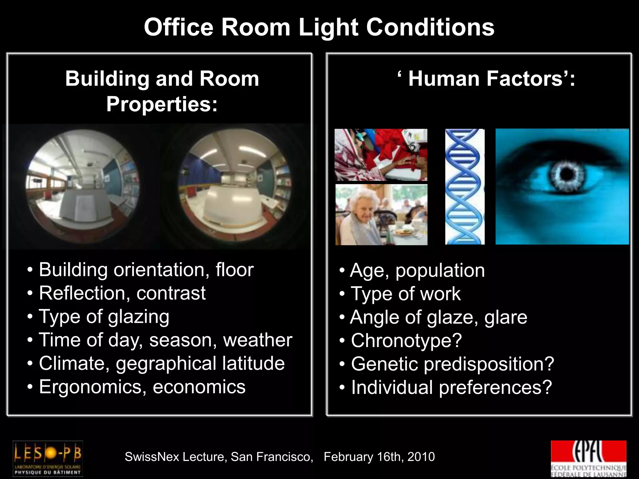 250 lux150 lux100 luxINTEGRATED DAY- AND ELECTRIC LIGHTINGCommon Lighting Modes (incl. Daylighting Systems)Visual Comfort Stuidies      (Glare Indexes)Two NIO Luminaries  (96% eff., T5 28W FL)Luminance Mapping        (High Dynamic Range)