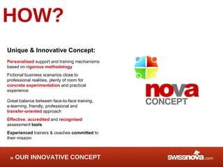 HOW? OUR INNOVATIVE CONCEPT Unique & Innovative Concept: Personalised  support and training mechanisms base d  on  rigorous methodology Fictional business scenarios close to professional realities, plenty of room for  concrete experimentation  and practical experience Great balance between face-to-face training,  e-learning, friendly, professional and  transfer-oriented  approach Effective ,  accredited  and  recognised   assessment  tools Experienced  trainers & coaches  committed  to their mission 