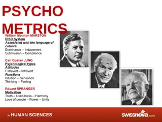PSYCHO METRICS William Moulton MARSTON  DISC System Associated with the language of colours Dominance – Inducement Submission – Compliance  Carl Gustav JUNG Psychological types Attitudes  Extravert – Introvert Functions  Intuition – Sensation Thinking – Feeling Eduard SPRANGER Motivation Truth – Usefulness – Harmony Love of people – Power – Unity  HUMAN SCIENCES 
