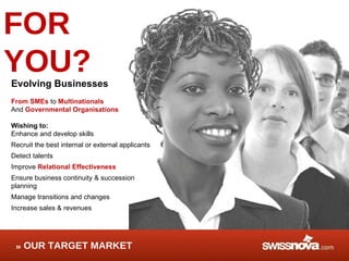 FOR  YOU? OUR TARGET MARKET Evolving Businesses From SMEs  to  Multinationals And  Governmental Organisations  Wishing to: Enhance and develop skills Recruit the best internal or external applicants Detect talents Improve  Relational Effectiveness Ensure business continuity & succession planning Manage transitions and changes Increase sales & revenues  