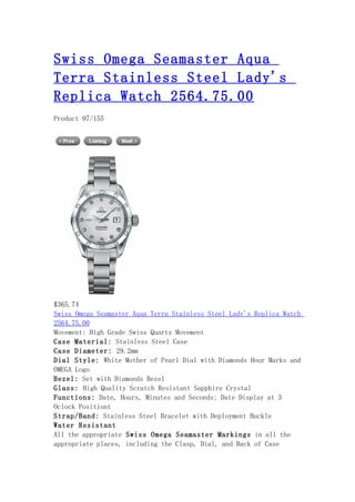 Swiss omega seamaster aqua terra stainless steel lady's replica watch 2564.75.00
