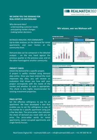 Wir wissen, wer wo Wohnen will
WE SHOW YOU THE DEMAND FOR
REAL ESTATE IN SWITZERLAND
Why demand data?
- understanding customer needs
- anticipating market changes
- making better decisions
DETAILED ANALYSIS PER COMMUNITY
Up-to-date analyses on the demand for rental
apartments and own homes at the
community level.
Demand data can be compared in the detailed
analysis - on the one hand against the
previous quarter or the previous year, and on
the other hand against another community.
PROJECT CHECK
Check the demand for a specific project.
A project is swiftly checked using demand
data online. Once you have entered the most
important key data, you will receive an
evaluation that shows you how well your
project corresponds with the needs of the
market and whether its scale is appropriate.
This check is also highly recommended for
existing investment properties.
PRICE-SETTER
Set the effective willingness to pay for an
apartment. We have developed a tool that
enables you to set the willingness to pay of
the market for a specific apartment using just
a few key data. The price-setter also indicates
the share of demand you reach with any set
price. The price-setter works for rental
apartments, owner-occupied apartments and
single-family houses.
Real Estate Digital AG – realmatch360.com – info@realmatch360.com – +41 44 500 96 30
 