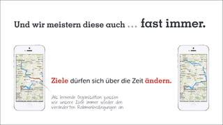 Und wir meistern diese auch fast immer.
Als lernende Organisation passen
wir unsere Ziele immer wieder den
veränder ten Rahmenbedingungen an.
Ziele dürfen sich über die Zeit ändern.
 