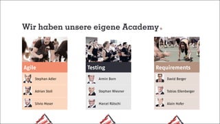Agile
Stephan Adler
Adrian Stoll
Silvio Moser
Testing
Armin Born
Stephan Wiesner
Marcel Rütschi
Requirements
David Berger
Tobias Ellenberger
Alain Hofer
Wir haben unsere eigene Academy
 