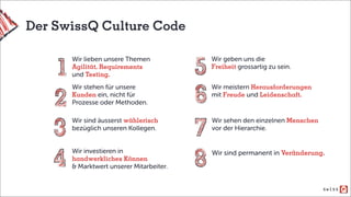 Wir lieben unsere Themen
Agilität, Requirements
und Testing.
Wir stehen für unsere
Kunden ein, nicht für
Prozesse oder Methoden.
Wir sind äusserst wählerisch
bezüglich unseren Kollegen.
Wir investieren in
handwerkliches Können
& Marktwert unserer Mitarbeiter.
Wir geben uns die
Freiheit grossartig zu sein.
Wir meistern Herausforderungen
mit Freude und Leidenschaft.
Wir sehen den einzelnen Menschen
vor der Hierarchie.
Wir sind permanent in Veränderung.
Der SwissQ Culture Code
 
