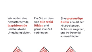 Wir wollen eine
herausfordernde,
inspirierende
und freudvolle
Umgebung bieten
Ein Ort, an dem
sich alle wohl
fühlen und
gerne ihre Zeit
verbringen
Eine grossartige
Kultur erlaubt den
Mitarbeitenden,
ihr bestes zu geben,
und ihr Potential
auszuschöpfen
 