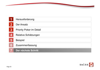 Page 35
Herausforderung
Der Ansatz
Priority Poker im Detail
Relative Schätzungen
Beispiel
1
2
3
4
5
Zusammenfassung6
Der nächste Schritt7
 