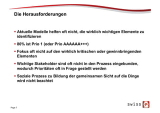 Die Herausforderungen
§  Aktuelle Modelle helfen oft nicht, die wirklich wichtigen Elemente zu
identifizieren
§  80% ist Prio 1 (oder Prio AAAAAA+++)
§  Fokus oft nicht auf den wirklich kritischen oder gewinnbringenden
Elementen
§  Wichtige Stakeholder sind oft nicht in den Prozess eingebunden,
wodurch Prioritäten oft in Frage gestellt werden
§  Soziale Prozess zu Bildung der gemeinsamen Sicht auf die Dinge
wird nicht beachtet
Page 7
 
