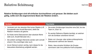 Relative Schätzung
12
Relative Schätzungen sind oft einfacher durchzuführen und genauer. Sie bleiben auch
gültig, sollte sich die angenommene Basis der Relation ändern.
Vorteile Nachteile
Die ersten Schätzungen brauchen eine Zeit, bis das
Team im „Flow“ ist.
Es werden Referenz-Objekte benötigt, an welchen
sich die Schätzer orientieren können.
Risiko von Lösungs- oder andere philosophische
Diskussionen während der Session.
Risiko, dass einzelne Schätzer die Gruppe
dominieren oder ihre politische Kraft ausspielen.
Verändert sich der absolute Wert eines Objekts (z.B.
Komplexität oder Anzahl Benutzer), bleibt die
Relation meistens die gleiche.
Es finden keine Diskussionen über absolute Werte
statt (LoC, Anzahl Benutzer etc.)
Die wirklich wichtigen Elemente werden sehr schnell
erkannt. Die unwichtigen aber auch.
Ist ein Element extrem wichtig, kann dieses für die
bewusstere Abarbeitung aufgeteilt werden.
 