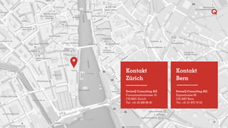 Kontakt
Bern
SwissQ Consulting AG
Eigerstrasse 60
CH-3007 Bern
Tel. +41 31 972 73 53
38
Kontakt
Zürich
SwissQ Consulting AG
Fraumünsterstrasse 16
CH-8001 Zürich
Tel. +41 43 288 88 40
 