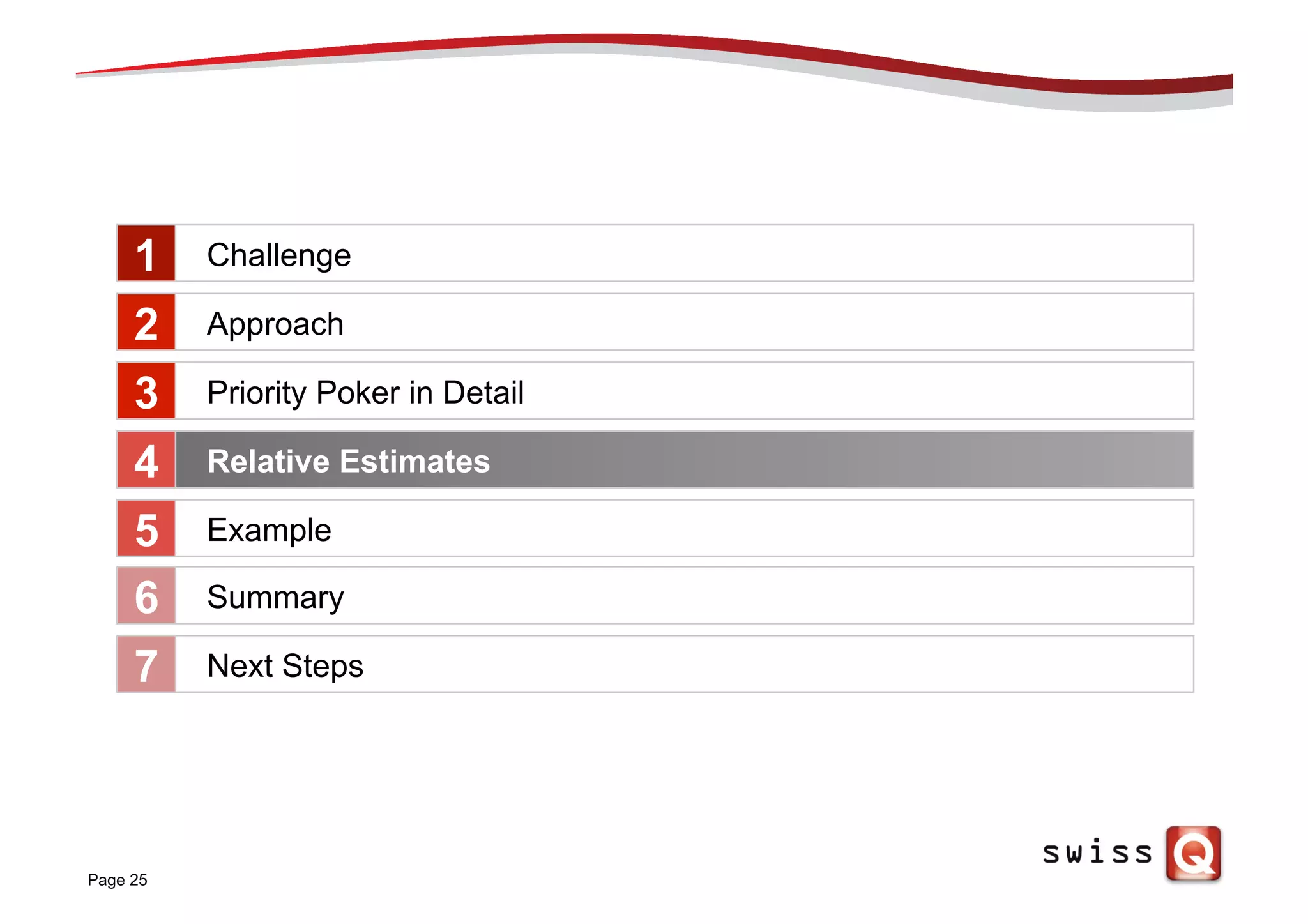 Page 25
Challenge
Approach
Priority Poker in Detail
Relative Estimates
Example
1
2
3
4
5
Summary6
Next Steps7
 