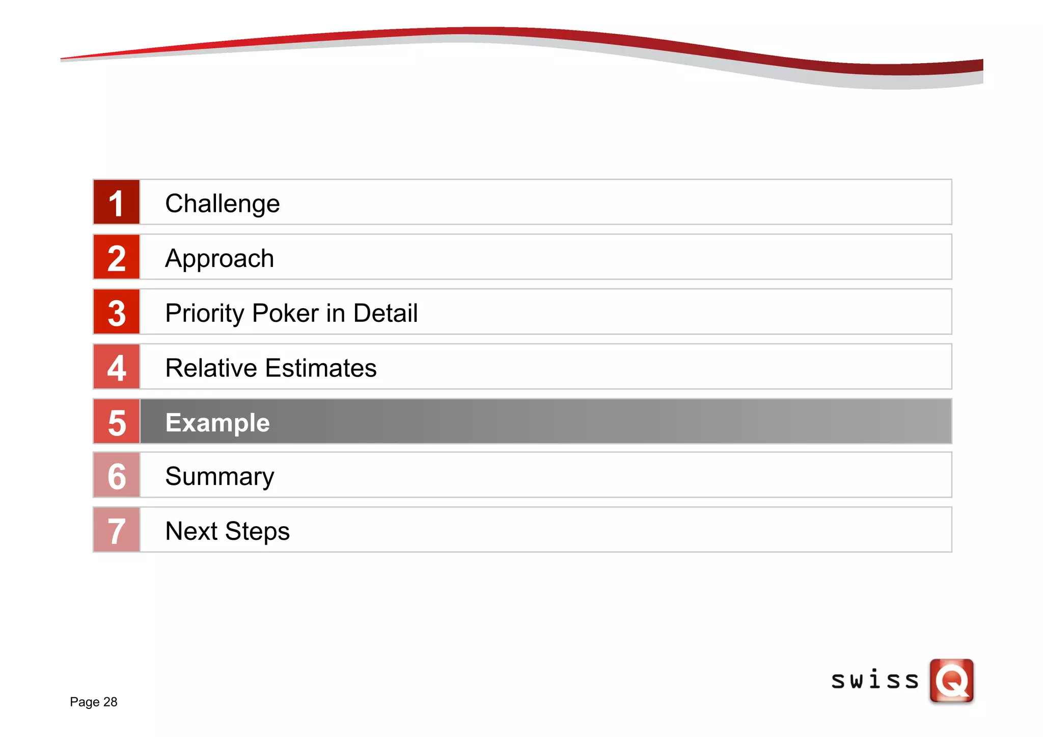 Page 28
Challenge
Approach
Priority Poker in Detail
Relative Estimates
Example
1
2
3
4
5
Summary6
Next Steps7
 