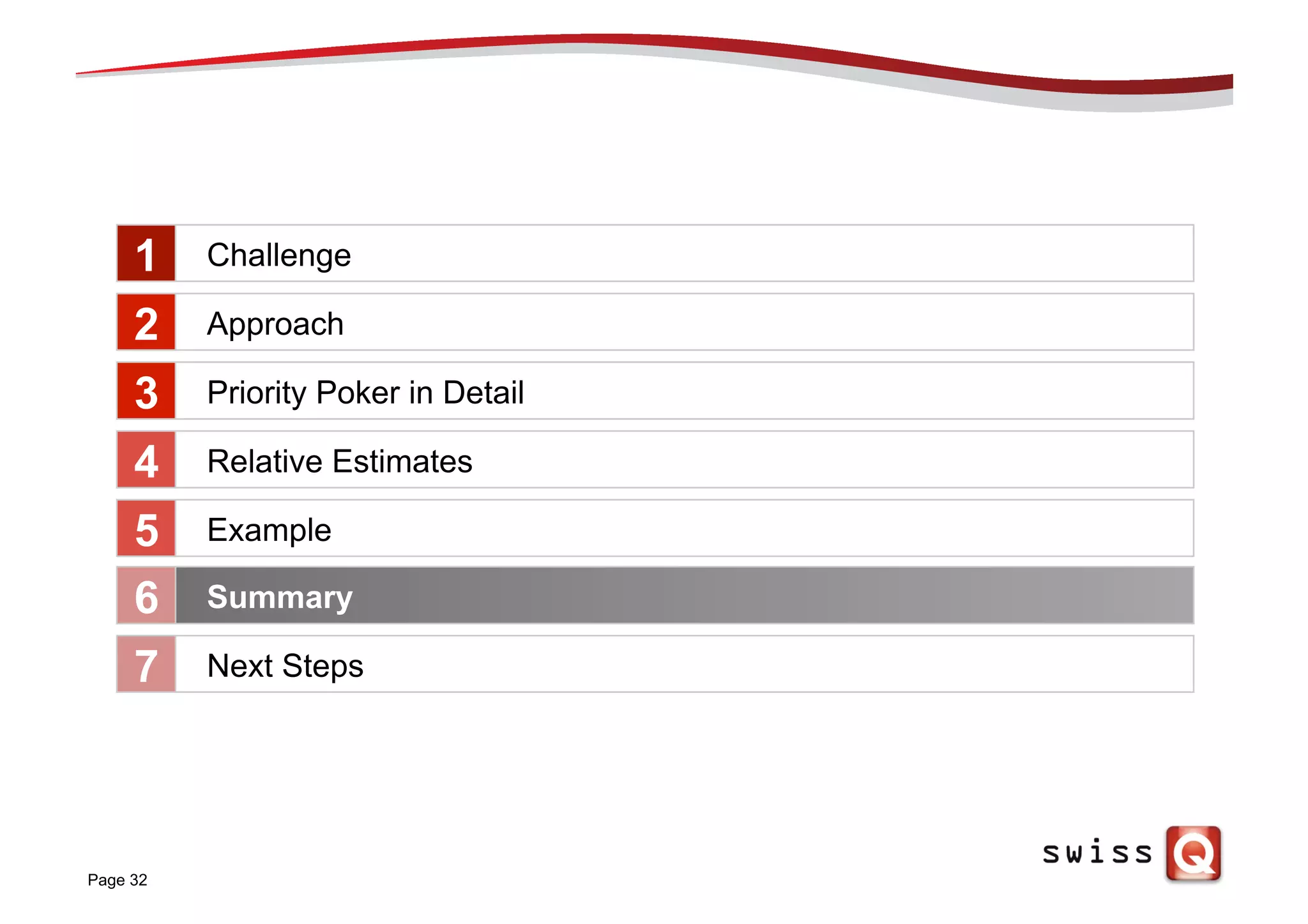 Page 32
Challenge
Approach
Priority Poker in Detail
Relative Estimates
Example
1
2
3
4
5
Summary6
Next Steps7
 