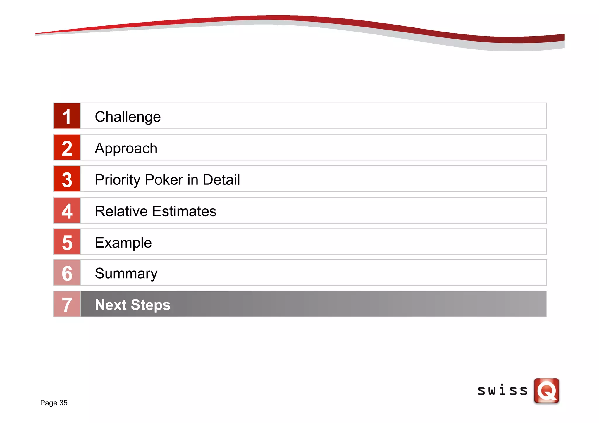 Page 35
Challenge
Approach
Priority Poker in Detail
Relative Estimates
Example
1
2
3
4
5
Summary6
Next Steps7
 