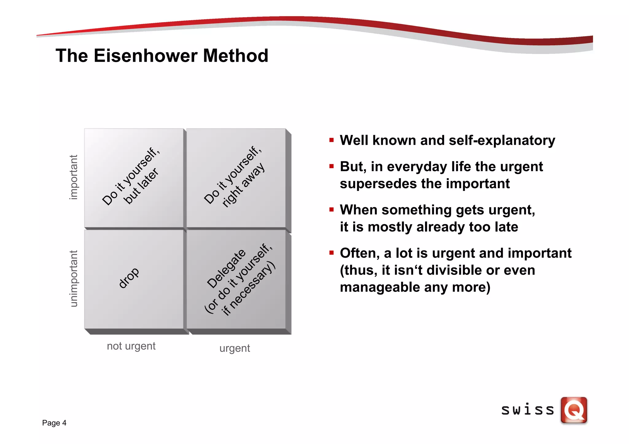 The Eisenhower Method
Page 4
§  Well known and self-explanatory
§  But, in everyday life the urgent
supersedes the important
§  When something gets urgent,
it is mostly already too late
§  Often, a lot is urgent and important
(thus, it isn‘t divisible or even
manageable any more)
not urgent urgent
importantunimportant
 