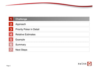 Page 2
Herausforderung
Approach
Priority Poker in Detail
Relative Estimates
Example
1
2
3
4
5
Summary6
Next Steps7
Challenge
 