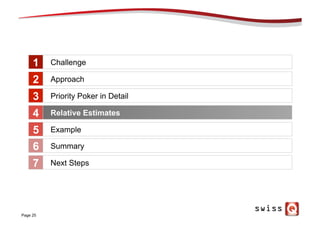 Page 25
Challenge
Approach
Priority Poker in Detail
Relative Estimates
Example
1
2
3
4
5
Summary6
Next Steps7
 
