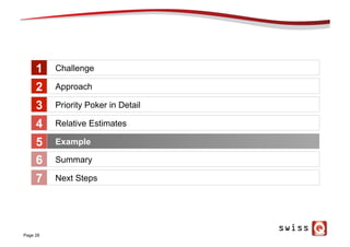 Page 28
Challenge
Approach
Priority Poker in Detail
Relative Estimates
Example
1
2
3
4
5
Summary6
Next Steps7
 