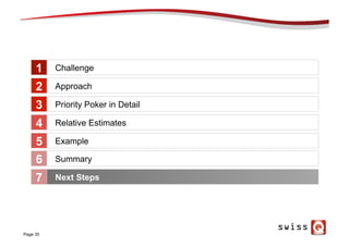 Page 35
Challenge
Approach
Priority Poker in Detail
Relative Estimates
Example
1
2
3
4
5
Summary6
Next Steps7
 