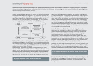 SCHWERPUNKT AGILE TESTING                                                                                                                                                               SwissQ Testing Trends  Benchmarks 2012 13



Bereits mehr als die Hälfte der Unternehmen hat agile Vorgehensweisen im Einsatz. Agile Software-Entwicklung erfordert jedoch auch agiles Testen,
worauf die wenigsten Organisationen vorbereitet sind. Ein Wechsel des „Mindsets“ ist notwendig, der vielen schwerfällt. Doch die guten Ergebnisse
überraschen sogar gestandene Test-Experten.


Software Testing in Bezug auf Agilität ist sehr vielfältig und stellt daher eine grosse                                                Agiles Testen hat drei grundsätzliche Aufgaben: Das Produkt zu hinterfragen und
Herausforderung dar. Dabei kann das Thema in drei Dimensionen betrachtet wer-                                                          zu prüfen, die Entwicklung zu unterstützen und Informationen für die kontinuier-
den: Agiles Testen in agilen Projekten (Scrum  Co), in nicht-agilen Projekten und                                                     liche Verbesserung des Teams zu liefern. Diverse neue dynamische Testmethoden
agile Projekte im Kontext von Organisationen. Dieser Artikel widmet sich der 1.                                                        helfen dabei, die Ziele der Iterationen zu erreichen und die Effizienz des Teams zu
Dimension und dort primär den fachlich orientierten Tests, wie mit Quadranten                                                          steigern. Ansätze wie klassisches exploratives Testen, die mess- und auditierba-
2 und 3 der „Agile Testing Matrix“ (aus Brian Marick, 2009) dargestellt.                                                               re Variante „Session Based Testing“, Acceptance Test Driven Development (ATDD)
                                                                                                                                       oder Scenario Testing können zu sehr guten Ergebnissen führen, welche oft sogar
           Automated                                             Business-Facing
                                                                                                                Manual
                                                                                                                                       gestandene Test-Experten überraschen. In Bezug auf die Regressionstest-Explosion
           and Manual
                                                                                  System Acceptance Tests
                                                                                                                                       im Kontext der vielen Iterationen gilt Testautomatisierung, neben der risikobasier-
                                              Functional Tests
                                                                                     Exploratory Testing                               ten Priorisierung, als Schlüssel zum Erfolg.
                                                                                      Scenario Testing
                Supporting Development




                                          Story Acceptance Testing
                                                                                      Usability Testing
                                         Feature Acceptance Testing
                                                                                User Acceptance Testing (UAT)




                                                                                                                    Critique Product
                                                                                     Alpha/Beta Testing
                                                                                                                                       Aus der Praxis können zusätzlich folgende Aspekte mitgegeben werden:
                                                                      Q2   Q3                                                          Der Zeitpunkt des Testens kann im Projekt in 4 verschiedenen Varianten gesetzt
                                                                      Q1   Q4                                                          werden. Möglichst viele Fehler können innerhalb eines Sprints gefunden und
                                                                                    System Qualities Tests                             behoben werden, wodurch die Fehler nicht in den nächsten Sprint gezogen
                                                Unit Tests                      Performance ans Load Testing
                                             Component Tests                           Security Testing                                werden (weniger Aufwand, mehr Zeit für die Arbeit an neuen Stories).
                                                                                        „ility“ Testing
                                                                                                                                       Der Tester kann in allen Scrum-Prozessen und -Meetings anregen, offen über
                                                                                                                                       Qualität, Testbarkeit und Anwendbarkeit zu sprechen. Der Tester sorgt für kreative
           Automated                                                                                            Tools
                                                                Technology-Facing                                                      Diskussionen und eine hohe Lernkurve im Team, weil er eine andere, sehr kritische
                                                                                                                                       Perspektive einbringt. Die Wichtigkeit von Features, User Stories und Regressions-
Für das agile Testen gab es in der Vergangenheit, ausser für Entwicklertests, fast                                                     testfällen kann spielerisch durch Priority Poker ermittelt werden.
keine Ansätze und Vorgaben, geschweige denn eine institutionalisierte Ausbildung
oder erfahrene Tester. Aufgrund der wesentlich unterschiedlichen Vorgehensweisen                                                       Der Nutzen von agilem Testen kann beispielhaft durch die SwissQ Embedded Scrum
der phasenorientierten und der agilen Welt fällt den meisten Testern der Wechsel                                                       Tester aufgezeigt werden: Durch das zeitnahe Feedback wird die Testarbeit für das
zwischen diesen beiden Welten nicht leicht.                                                                                            gesamte Team sichtbar und erfährt grosse Wertschätzung. Die Entwickler sehen
Die Ausgangslage, die Prozesse und die Team-Zusammensetzung sind anders,                                                               darin nicht nur ihre Entlastung, sondern schätzen auch die gegenseitige Bereicherung. 
teilweise auch die Werkzeuge und die Methoden. Die flinke, konfrontative und in-
tegrative Welt der Agilität verlangt nach zusätzlichen Qualifikationen und sozialen
Fähigkeiten, die in der separierten lang-phasigen Welt der traditionellen Metho-                                                        Du bist eine echte Test-Maschine. Wir sind froh, dass wir dich dabei haben!
den nicht erforderlich waren. Damit ist ein komplett anderer „Mindset“ notwen-                                                          (Entwickler aus einem Scrum Projekt, 2011)
dig, der nicht von dem einen auf den nächsten Tag herbeigeführt werden kann.

                                                                                                                                       Embedded Scrum Tester, Scrum Master und Coaches werden von SwissQ gerne und
  We recently transitioned to agile. But all our testers quit.                                                                         auf Anfrage zur Verfügung gestellt. Ihre jahrelange Erfahrung im Kontext von
  (aus Crispin  Gregory 2009)                                                                                                         Agilität, Scrum und Testen gibt es auch in Form von Schulungen, wie z.B. Agile
                                                                                                                                       Testing mit Scrum.
 