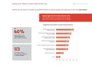 SWISSQ AGILE TRENDS  BENCHMARKS REPORT 2012                                                                                      SwissQ Testing Trends  Benchmarks 2012 19




Möchten Sie mehr wissen? Sie erhalten den detaillierten Report mit weiteren Analysen über agile Trends ab April über www.SwissQ.it



                                                      SwissQ Agile Trends  Benchmarks 2012
                                                      Viele weitere Zahlen und Details sind im SwissQ
                                                      Agile Trend  Benchmark Report 2012 zu finden.



                                                        Hauptgründe für das Scheitern von agilen Vorgehensmethoden


   Nur



   40%
                                                        Fehlende Erfahrung mit agilen
                                                                 Vorgehensmethoden
                                                                                                                           52 %


                                            Unternehmensphilosophie nicht mit agilen
                                                                Werten verknüpfbar
                                                                                                                    45 %
   sind zufrieden mit der
   Implementierung ihrer                             Externer Druck einem klassischen
   agilen Vorgehensmethode.                                Vorgehensmodell zu folgen
                                                                                                               41 %


                                                    Fehlende Unterstützung durch das
                                                                        Management                           38 %


                                          Fehlende / ungenügende Schulung / Coaching                        36 %




   1/3                                                  Fehlende Verbindung zw. den
                                                              Organisationseinheiten
                                                                                                            35 %


   der Befragten haben 2                                   Fehlender Wille des Teams             22 %
   oder mehr Jahre Erfahrung
   mit agilen Methoden.
                                                                              Andere      12 %


                                                                                        0 %   10 %   20 %    30 %     40 %    50 %        60 %
 