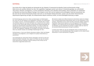 EDITORIAL                                                                                                                            SwissQ Testing Trends & Benchmarks 2012 3



Zum vierten Mal in Folge hat SwissQ zum Jahresende bei der Schweizer IT Community die aktuellen Trends und Benchmarks erfragt.
Nebst einem sehr positiven Rücklauf von über 300 ausgefüllten Fragebogen wurden auch diverse IT-Entscheidungsträger aus unterschiedli-
chen Firmen, Branchen und Regionen, in einem persönlichen Interview zu den aktuellen Trends befragt. Daraus entstanden ein repräsentati-
ver Überblick zum Stand des Software-Testings in der Schweiz im Jahr 2012 und ein Ausblick auf die wichtigsten Trends der kommenden Zeit.
Neu wird mit der Trends & Benchmarks Analyse nicht mehr nur die Disziplin Testing beleuchtet, sondern auch die beiden Themenbereiche
Requirements Engineering und Agile. Die entsprechenden Reports erscheinen einzeln, um deren Wichtigkeit Rechnung zu tragen.


Die Teilnehmergruppe setzt sich vor allem aus Testmanagern und Abteilungslei-        Wie bereits im letzten Jahr offeriert SwissQ den Unternehmen wieder die Gelegen-
tern, aber auch aus Test Engineers und Projektleitern zusammen, die insbesondere     heit, die SwissQ Testing Trends & Benchmarks intern vor ihren Mitarbeitern zu prä-
im IT-Sektor, im Finanz- und Versicherungswesen, in der Industrie oder in staatli-   sentieren. Zielpublikum sind vor allem die Tester Community, Software Ingenieure,
chen Betrieben tätig sind. Zum ersten Mal haben wir in diesem Jahr einen speziel-    Projektleiter, Requirements Engineers und das Management. Die Präsentation
len Fokus auf die Themen Agile Testing und Requirements Engineering gelegt und       ermöglicht, einen externen Blick auf die aktuellen Veränderungen zu bekommen,
deshalb den Teilnehmerkreis entsprechend erweitert. So ist etwa ein Viertel der      die Motivation und den Stellenwert des Testings zu steigern sowie von Ideen für
Umfrageteilnehmer im Requirements Engineering tätig. Zusammen dienten uns            die konstante Weiterentwicklung des Testings zu profitieren.
die über 300 ausgefüllten Fragebogen als Grundlage für die Analyse und Interpre-
tation des aktuellen Standes und zukünftiger Entwicklungen für 2012.                 In diesem Sinne hoffen wir, dass die vorliegenden Trends und Benchmarks Sie
                                                                                     dazu inspirieren, neue Herausforderungen aktiv anzugehen und die aktuell besten
Die Benchmarks, in Form einer Vielzahl informativer Grafiken, bilden das Rückgrat    Massnahmen in Ihrem Unternehmen zu ergreifen.
des Reports und ermöglichen, sich im Vergleich mit anderen Unternehmen zu
positionieren.

Um die Aktualität der untersuchten Themen aufzuzeigen, wird wie bis anhin die
SwissQ Trend Wave® verwendet. Diese zeigt in vier Phasen auf, wie sich einzelne
Trends wahrscheinlich entwickeln, wodurch wiederum deren Einfluss auf die
Unternehmen abgeschätzt werden kann.
 