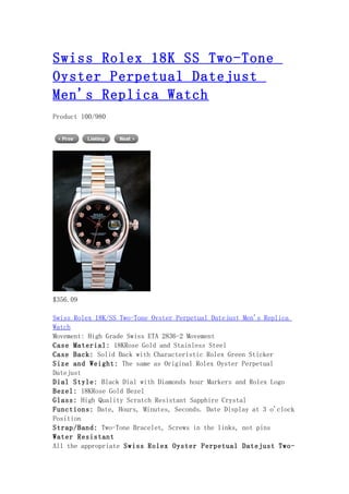 Swiss rolex 18 k ss two tone oyster perpetual datejust men's replica watch