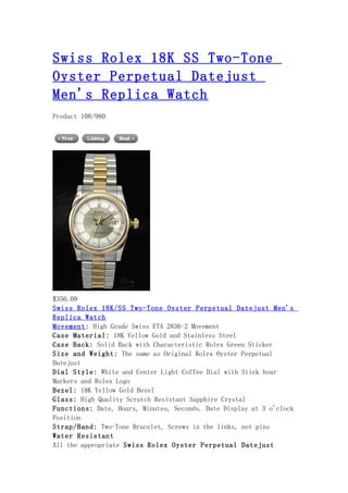 Swiss rolex 18 k ss two tone oyster perpetual datejust men's replica watch
