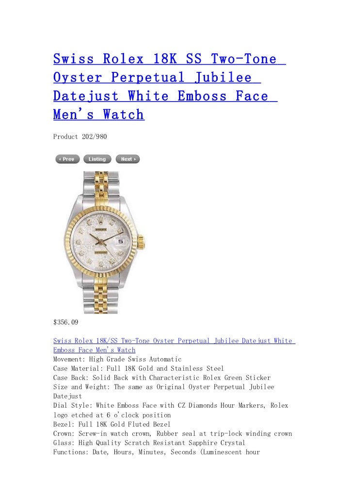 Swiss rolex 18 k ss two tone oyster perpetual jubilee datejust white emboss face men's watch