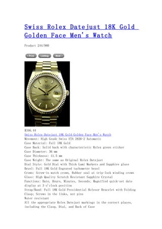 Swiss rolex datejust 18 k gold golden face men's watch