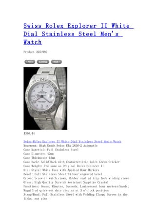 Swiss rolex explorer ii white dial stainless steel men's watch