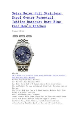 Swiss rolex full stainless steel oyster perpetual jubilee datejust dark blue face men's watches