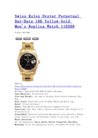 Swiss rolex oyster perpetual day date 18 k yellow gold men's replica watch 118208