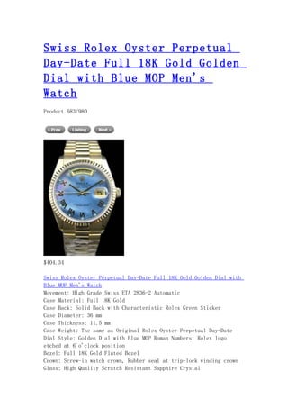 Swiss rolex oyster perpetual day date full 18 k gold golden dial with blue mop men's watch
