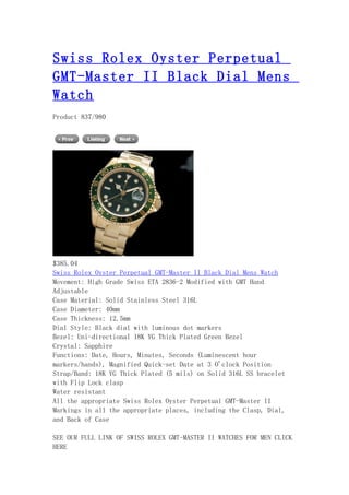 Swiss rolex oyster perpetual gmt master ii black dial mens watch