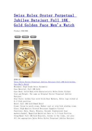 Swiss rolex oyster perpetual jubilee datejust full 18 k gold golden face men's watch