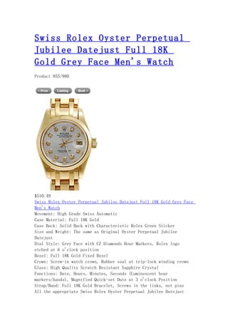 Swiss rolex oyster perpetual jubilee datejust full 18 k gold grey face men's watch