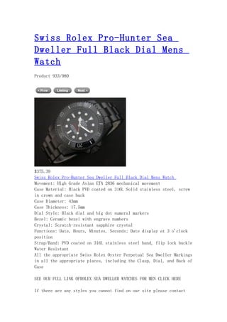 Swiss rolex pro hunter sea dweller full black dial mens watch