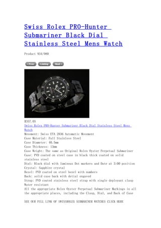 Swiss rolex pro hunter submariner black dial stainless steel mens watch