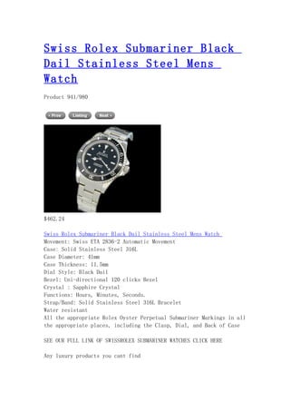 Swiss rolex submariner black dail stainless steel mens watch