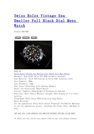 Swiss rolex vintage sea dweller full black dial mens watch