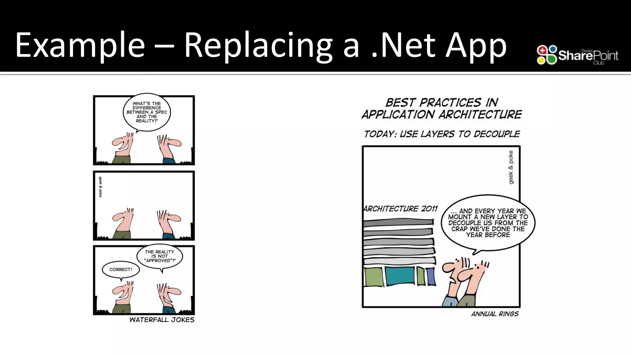 Example –Replacing a .NetApp 
Before 
Calculations 
•Created in Excel 
•But reprogrammed twice 
Outputs (Contracts) 
•Created and maintained in Word 
•But recreated in Reporting Services 
•Huge performance problems 
Business Rules / Workflow 
•All over the place (Interface, App, BD) 
•Hard to maintain / Coded 
•Execution per code 
After 
Calculations 
•Created and maintained in Excel 
•Remain in Excel (Excel REST) 
Outputs (Contracts) 
•Created and maintained in Word 
•Remain in Word (dox42) 
•Incredible performance 
Business Rules / Workflow 
•NintexForms / Workflow 
•Visible, Maintainable / Versioned 
•Execution engine (data points at every step)  