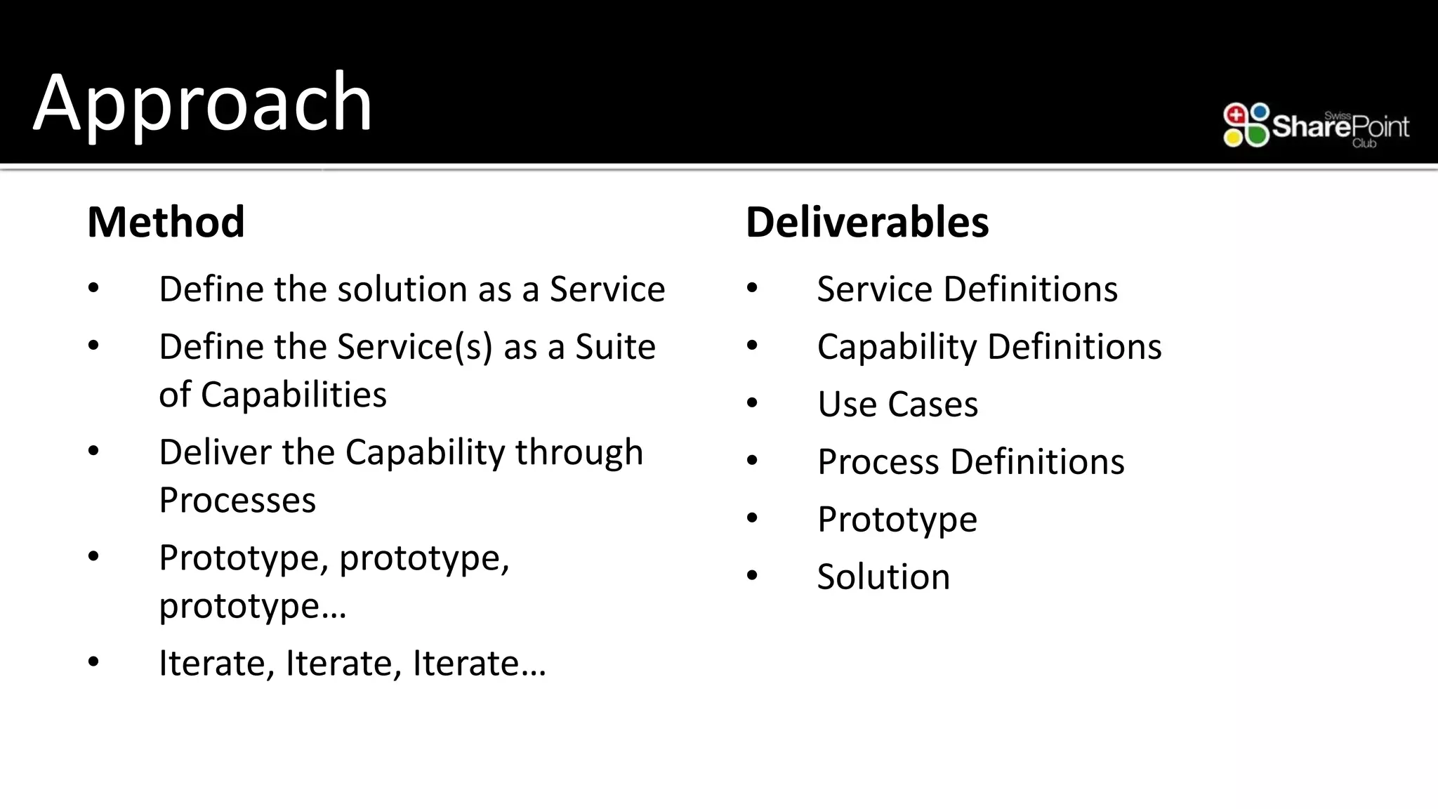 Approach 
Method 
•Define the solution as a Service 
•Define the Service(s) as a Suite of Capabilities 
•Deliver the Capability through Processes 
•Prototype, prototype, prototype… 
•Iterate, Iterate, Iterate… 
Deliverables 
•Service Definitions 
•Capability Definitions 
•Use Cases 
•Process Definitions 
•Prototype 
•Solution  