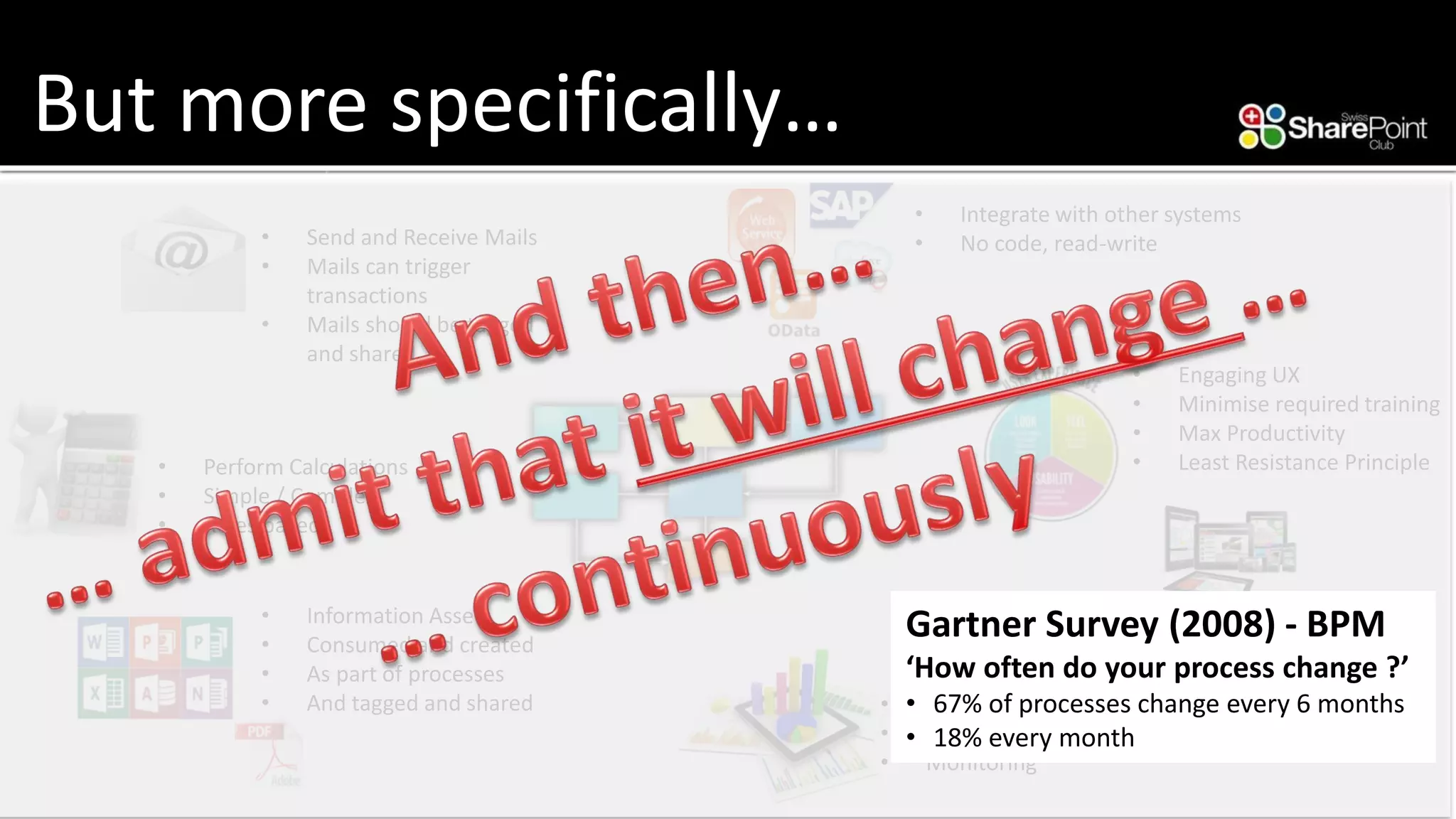 But more specifically… 
•Send and Receive Mails 
•Mails can trigger transactions 
•Mails should be tagged and shared 
•Information Assets 
•Consumed and created 
•As part of processes 
•And tagged and shared 
•Integrate with other systems 
•No code, read-write 
•Engaging UX 
•Minimiserequired training 
•Max Productivity 
•Least Resistance Principle 
•Perform Calculations 
•Simple / Complex 
•Rules based 
•Provide reports 
•Performance stats 
•Monitoring 
Gartner Survey (2008) -BPM 
‘How often do your process change ?’ 
•67% of processes change every 6 months 
•18% every month  