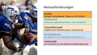 Herausforderung Herausforderungen
Wettbewerb
Tourismus wettbewerbsintensiv - wie vermarkten?
Geschäftsmodell
möglichst viel Freiheiten lassen, Finanzierung?
Komplikationen
wie gehen wir mit menschlichen Schwächen um
Authenzität
wie verhindern wir eine lieblose Professionalisierung
Kosten
Schweiz Hochpreisland - Reisen nur für Reiche?
 