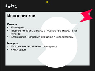 Исполнители Плюсы Ниже цена Главное не объем заказа, а перспективы и работа на клиента Возможность напрямую общаться с исполнителем Минусы   Низкое качество клиентского сервиса Риски выше 