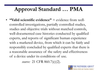 Approval Standard … PMA
• “Valid scientific evidence” = evidence from well-
controlled investigations, partially controlled studies,
studies and objective trials without matched controls,
well-documented case histories conducted by qualified
experts, and reports of significant human experience
with a marketed device, from which it can be fairly and
responsibly concluded by qualified experts that there is
a reasonable assurance of the safety and effectiveness
of a device under its conditions of use.
source: 21 CFR 860.7(c)(2).
 