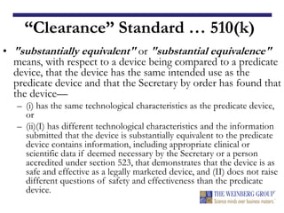 “Clearance” Standard … 510(k)
• "substantially equivalent" or "substantial equivalence"
means, with respect to a device being compared to a predicate
device, that the device has the same intended use as the
predicate device and that the Secretary by order has found that
the device—
– (i) has the same technological characteristics as the predicate device,
or
– (ii)(I) has different technological characteristics and the information
submitted that the device is substantially equivalent to the predicate
device contains information, including appropriate clinical or
scientific data if deemed necessary by the Secretary or a person
accredited under section 523, that demonstrates that the device is as
safe and effective as a legally marketed device, and (II) does not raise
different questions of safety and effectiveness than the predicate
device.
 